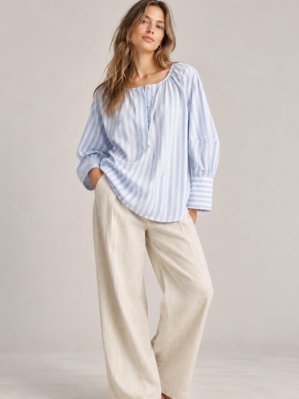 EVERLANE The Silky Cotton Balloon Sleeve Tunic Top Shirt Blue White Stripe 8